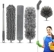 New Upgrade Feather Duster 100inch Bold Extension Telescopic Pole, Bendable & Washable Microfiber Dusters,with 4 Brush for Cleaning Ceiling Fan, Cobweb,Gap, High Ceiling, Blinds, Furniture, Cars