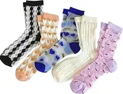 [ESOMAVRIX] Womens Sheer Socks, 5 Pairs Transparent Thin Mesh Socks, Vintage Jacquard Sheer Ankle Socks, Elastic Nylon Socks for Women Summer, Sheer Socks/4320