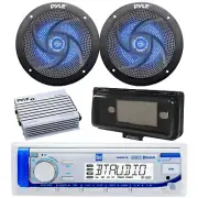 Marine Bluetooth Radio, Amp, 2x 5.25" 180W Blue Flash LED Speaker, Cover (Black)
