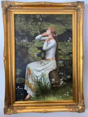 Beautiful woman sitting among water lillies - oil on canvas - Ornate gold frame
