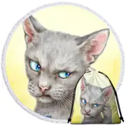 Blue Eyes Grey Kitty Cat Over Yellow Round Beach Towel