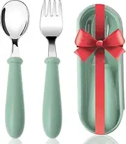 Toddler Fork and Spoon Set, Stainless Steel Baby Cutlery Kit with Travel Case Dishwasher Safe for Kids, Children Flatware Weaning Learning to Use (Green)