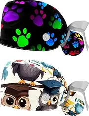 [YTYVAGT] 2-Pc,Nurse Scrub Caps,Scrub Hats with Buttons and Cotton Sweatband,Color Pattern with Paw Prints