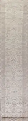 Bohemian Oushak Indian 20 ft. Long Runner Rug Hand-Knotted Ivory 19' 8" x 2' 6"