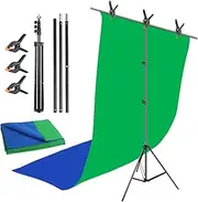 Abeststudio Photography Backdrop with Stand, 6x9ft/1.8x2.8m 2-in-1 Collapsible Chromakey Blue/Green Screen Backdrop with T-Shaped Background Support Kit for Streaming Gaming Zoom