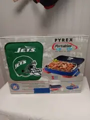 New (Open Box) Pyrex Vtg 90s Portable NFL Jets 3 Qt Casserole Dish & Carrier