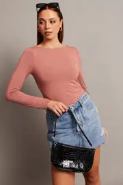 Pink Top Long Sleeve Boat Neck Modal - Size S, Women's T-shirt