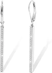 [ALEXCRAFT] Sliver Dangle Drop Earrings for Women, 925 Sterling Silver Bar Cubic Zirconia Drop Earrings, French Style Leverback Earing, Hypoallergenic CZ Jewelry Earring for Women