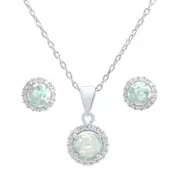 Bevilles Sterling Silver and Synthetic White Opal and Cubic Zirconia Earrings and Necklace 45cm Set