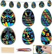 36 Pieces Easter Scratch Art Paper, Easter Egg Rainbow Magic Scratch Crafts Ornaments with Wooden Stick and Ribbon for Kids Easter Party Favor Decorations