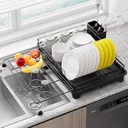 Extendable Dish Drying Rack - Adjustable Collapsible Kitchen Organizer with Swivel Drainage Spout. Space Saving Stainless Steel Drain Rack for Dishes, Cups, Pots with Utensil Holder - Black