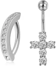 [Niaspi] 2Pcs 14G CZ Cross Clicker Belly Button Rings for Women 316L Surgical Steel Belly Rings Reverse Belly Navel Curved Barbells Sparkle Belly Piercing Jewelry