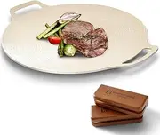 WAGENSTEIGER Non-Stick Ceramic Coated Aluminum Griddle Pan with Wooden Handles, 14.2" Round Shaped, Korean BBQ Cooking Griddle Style, All Cooktops, Indoor & Outdoor BBQ(Beige)