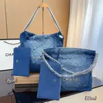 二手精品 CHANEL香奈儿 22BAG23C菱格纹大容量链条做旧牛仔布 垃圾袋托特包TOTE包购物袋手提单肩包洗牛仔蓝