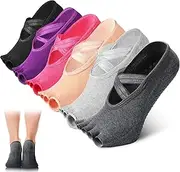 [SATINIOR] 6 Pairs Pilates Socks with Grip for Women Non Slip Yoga Socks Toeless Barre Sticky with Straps Multicolor for Ballet Dance Barefoot Workout, Purple, One Size