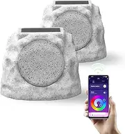 Yoolax Rock Speaker Outdoor Waterproof Solar-Powered Bluetooth 5.0 Pari Portable Stone Speakers Wireless IP65 with 7 Led Colors for Party Garden Pool Patio Garden Yard (2Pack)