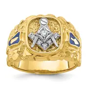 14k Two-tone Gold Men's Polished and Nugget Textured Diamond Blue Lodge Master Masonic Ring