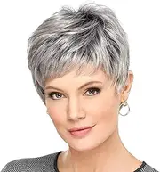 Short Grey Wigs for Women Sliver Gray Wigs with Bangs Mixed Pixie Cut Wig Pixie Cut Layered Wigs Silver Gray Wigs (B)
