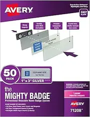 Avery The Mighty Badge by, 1" x 3" Silver Name Tags, 50 ID Badges, 120 Inserts for Laser Printers (71208)