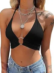 [Generic] Women's Deep V-Neck Crop Tops Sexy Halterneck Sleeveless Corset Top Plain Wrap Backless Top