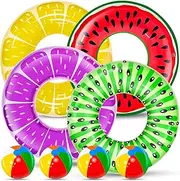 8 Pack Inflatable Pool Floats Toys for Kids, 4 Pcs Fruit Pool Swim Tubes Rings and 4 Pcs Beach Balls, Pool Floaties Water Toys Summer Beach Swimming Pool Party Floats Toys for Kids Adults Water Fun