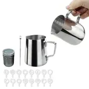 350ml Stainless Steel Milk Frothing Jug Set with Powder Shaker Barista Needle Latte Art Stencil