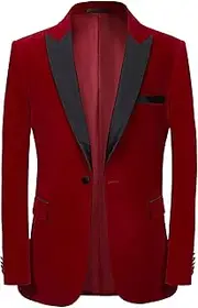 [SWJGLITTR] Men's Slim Fit Velvet Blazer Lapel One Button Tuxedo Suit Jacket Dinner Prom Wedding Suit Coat, Red, Large