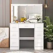 Buildonely Large Dressing Table with Drawers, Vanity Dressing Desk with Large Mirror and 3 Color Light Settings, Hollywood White Vanity Set for Girls and Women