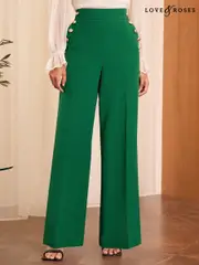 Love & Roses Green Military Button Wide Leg Tailored Trousers (AD7881) | $104