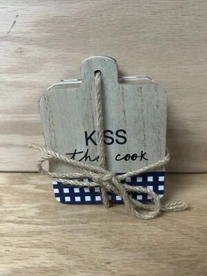 Wood Bread/Cutting Board Shaped Coaster Set with Blue print