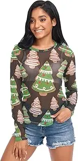 [RPLIFE] Christmas Tree Cookies Green Black Net Shirt for Women, Transparent Shirts for Women S-XXL