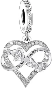 [Mon & Sons] Mother Daughter I Love You Heart Forever Infinity Rose Flower Charm Bead Pendant 925 Sterling Silver Dangle Compatible With Pandora Charm Bracelet, Metal