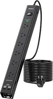 Addtam Black Surge Protection Power Board - 6 Widely Outlets with 4 USB Ports(2 USB C), Power Strip with 1.8M Extension Cord, 900J Surge Protection, Flat Plug, Wall Mount for Home Office Accessories