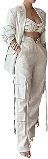 [Cupitool] Women Fall Blazer Set 2 Piece Business Outfit Long Sleeve Blazer Jacket and Straight Wide Leg Pant Suit Sets