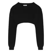 Plain Frayed Crop Shirt / Crew Neck Cropped Sweater / High Waist Mini Pencil Skirt Sweater - Black - One Size