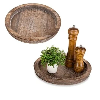 Rustic Wooden Serving Tray: Set of Round Wood Butler Decorative 2 Distressed