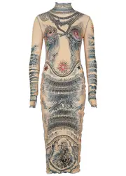 Jean Paul Gaultier Sun Tattoo Printed Stretch-jersey Midi Dress - Beige - S (UK8-10 / S) S (UK8-10 / S)