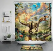 Dinosaur Mushroom Green Jungle Forest Shower Curtain Set for Bathroom Decor