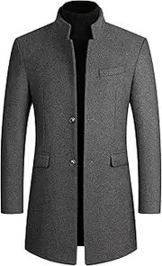 [Lu's Chic] Men's Single Breasted Trench Coat Wool Blend Overcoat Button Down Dress Pea Coats Warm