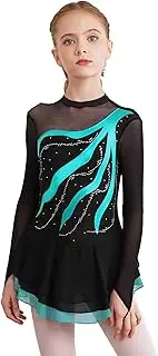 [Sinleey] Kids Girls Mesh Patchwork Ballet Dance Dress Long Sleeve Figure Ice Skating Dress Skirted Leotard Dancewear
