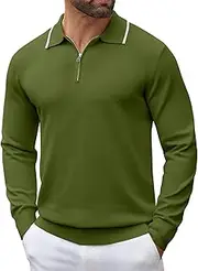 [COOFANDY] Men's Knit Polo Shirt Long Sleeve Quarter Zip Polo Sweater Casual Golf Shirts Vintage Striped Collar Polo
