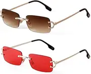 LeoLeoii Small Narrow Rimless Sunglasses Fashion Frameless Rectangle Tinted Lens Eyewear 90s Glasses for Women Men (Brown Gradient+Red)