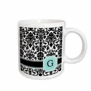 3dRose Letter G personal monogrammed mint blue black and white damask pattern -