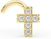 [Lavari Jewelers] 20 Gauge Cross Shaped Curved Nose Stud for Women - 14k Yellow Gold Cubic Zirconia Nose Ring - Unisex Hypoallergenic Nostril Piercing Jewelry - 20G Body Piercing for Men