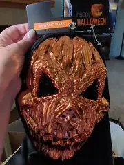 ~ SCARY ORANGE PLASTIC HALLOWEEN SKELETON FACE MASK WITH HEAD COVER ~