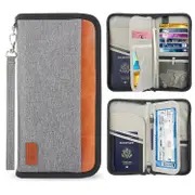 Large Capacity Passport Holder Wallet Travel Passport Bag ID Holder Zipper Closure Removable Wristband RFID Blocking,Grey