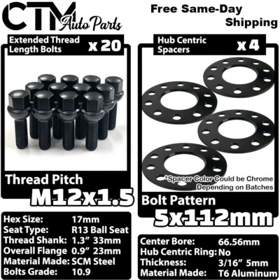 4x 5mm Thick 5x112 66.56mm CB Wheel Spacer 12x1.5 Black Bolt Fit Mercedes Wheel