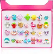 ELEMIRSA 28pcs Little Girl Rings in Box, Girl Princess Game Pretend Play and Dress Up Jewel Rings Set for 4-12 Year Old Girl Birthday Gifts Toy Rings for Kids, EM-21093, Metal, Rhinestone