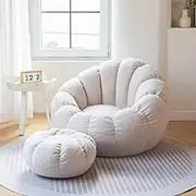 UYSOFRCV Bean Bag Chair Cover Pumpkin (No Filler) Shaped Bean Bag Cover Lazy SofasCover +Footstool Cover Adults and Kids Beanbag Chair Cover Storage Memory Foam,White