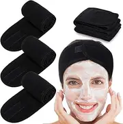 Facial Headband Head Wrap Terry Cloth Headband 4 Counts Stretch Towel with Magic Tape for Bath, Makeup and Sport (Black)